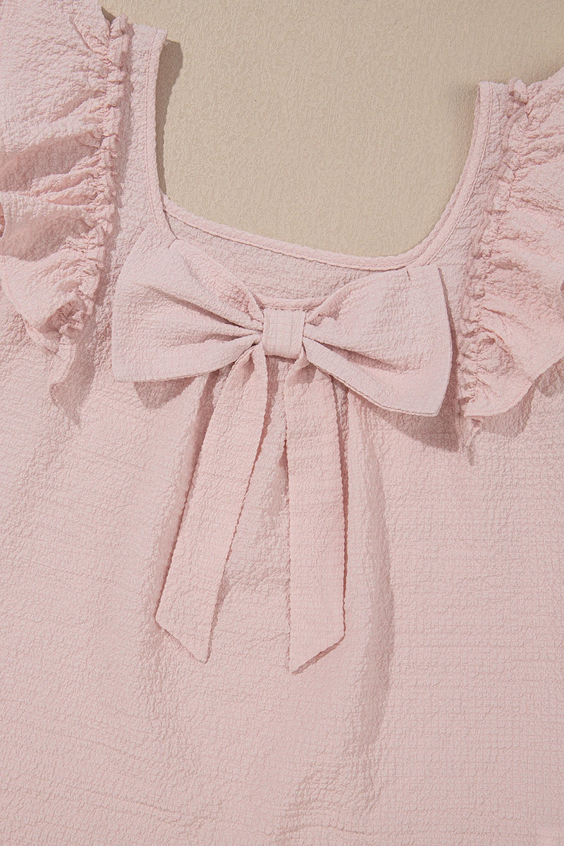 Load image into Gallery viewer, DLLS345 - Ladies Gossamer Pink Textured Bow Knot Frilled Butterfly Sleeve Blouse
