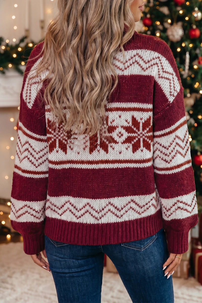 Load image into Gallery viewer, DLLS831 - Ladies Red Geometric Pattern Zip-Up Knit Long Sleeve Regular Fit Cardigan
