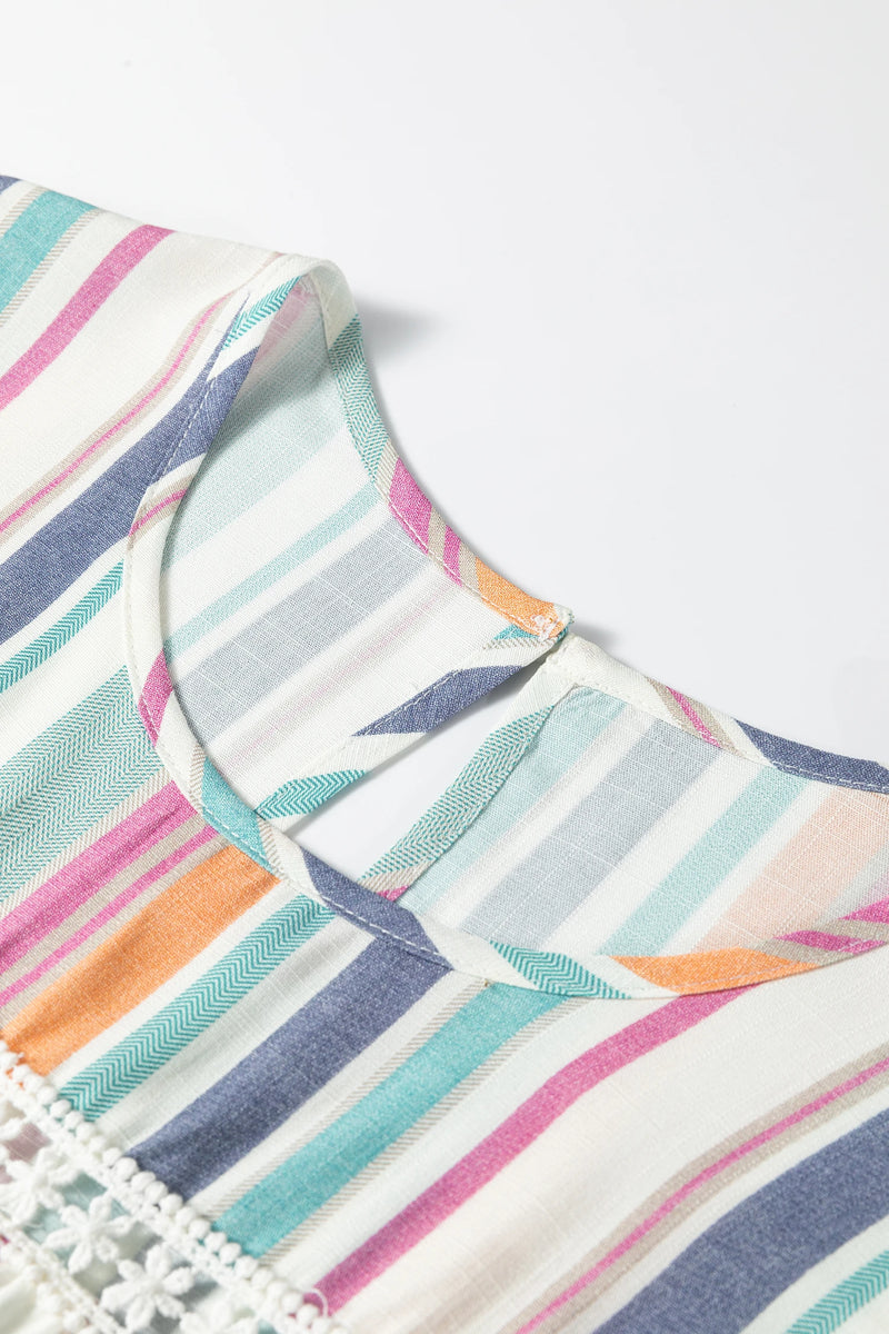 Load image into Gallery viewer, DLLS380- Ladies Light Blue Lace Hollow-out Insert Flutter Sleeve Striped Blouse
