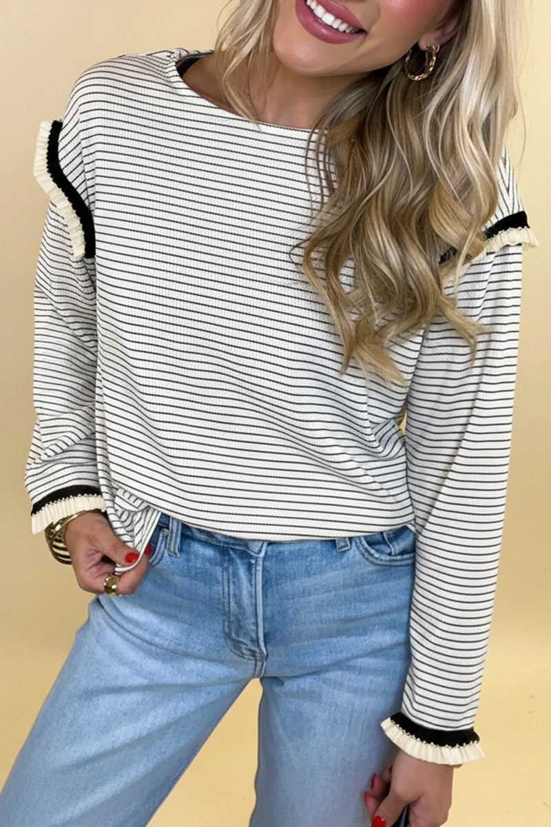 Load image into Gallery viewer, DLLS296 - Ladies White Stripe Contrasted Ruffle Trim Loose Long Sleeve Top
