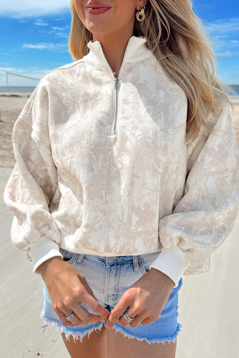 Load image into Gallery viewer, DLLS791 - Ladies Khaki Camouflage Print Quarter-Zip Long Sleeve Sweatshirt
