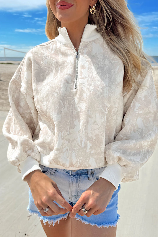 DLLS791 - Ladies Khaki Camouflage Print Quarter-Zip Long Sleeve Sweatshirt