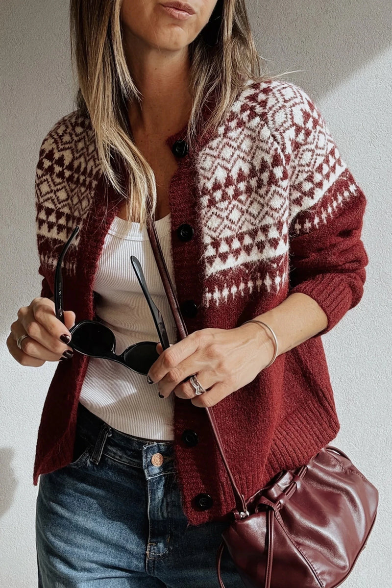 Load image into Gallery viewer, DLLS718 - Ladies Red Geometric Print Button Front Long Sleeve Knitwear Cardigan
