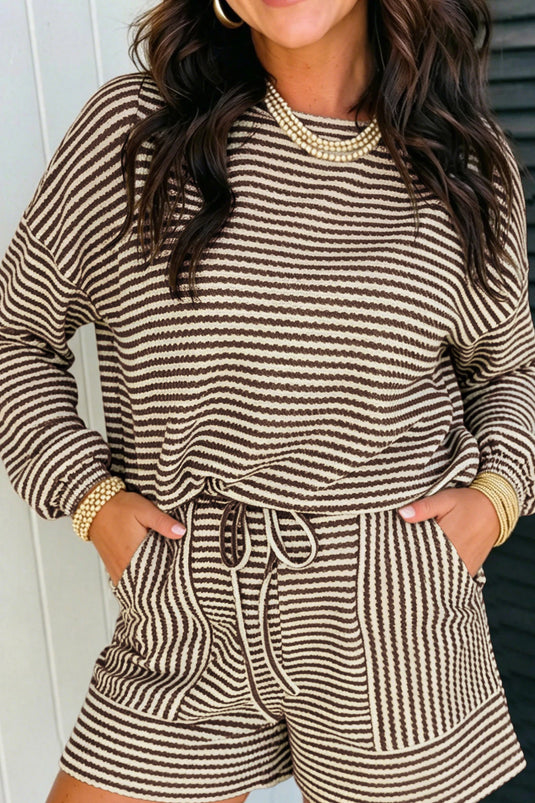DLLS978 - Ladies Brown Stripe Textured Knit Long Sleeve Top Shorts Casual Outfit