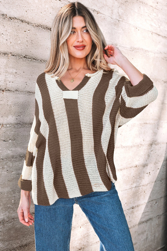 DLLS410 - Ladies Brown Stripe Colorblock V Neck Bracelet Sleeve Sweater