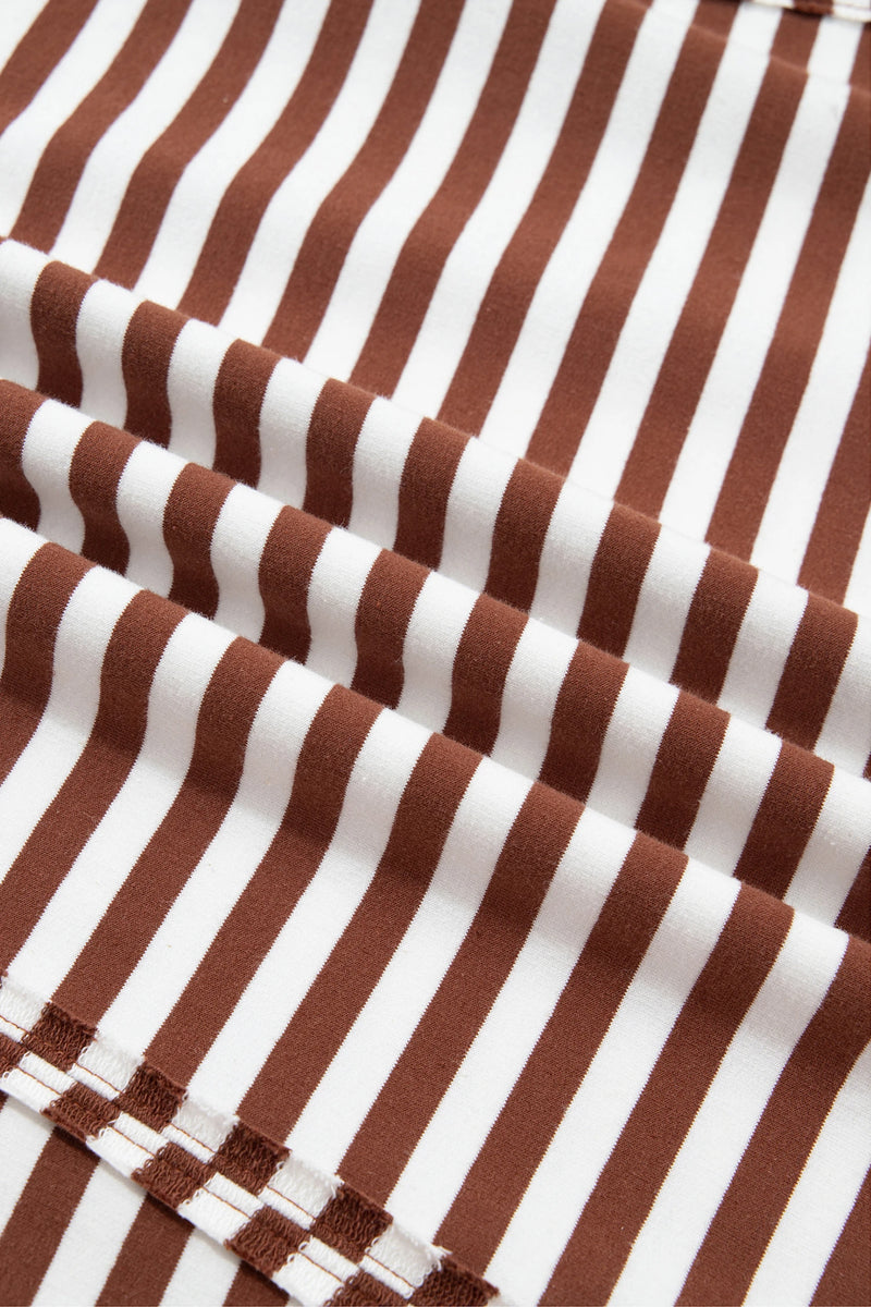 Load image into Gallery viewer, DLLS1087 - Ladies Brown Stripe Color Block Trim Raw Seam Split Hem Loose Pullover Sweatshirt
