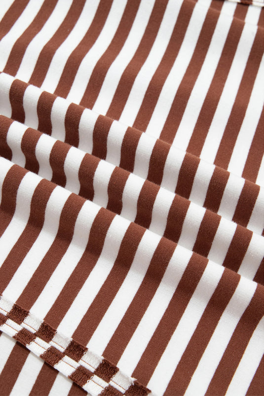 DLLS1087 - Ladies Brown Stripe Color Block Trim Raw Seam Split Hem Loose Pullover Sweatshirt