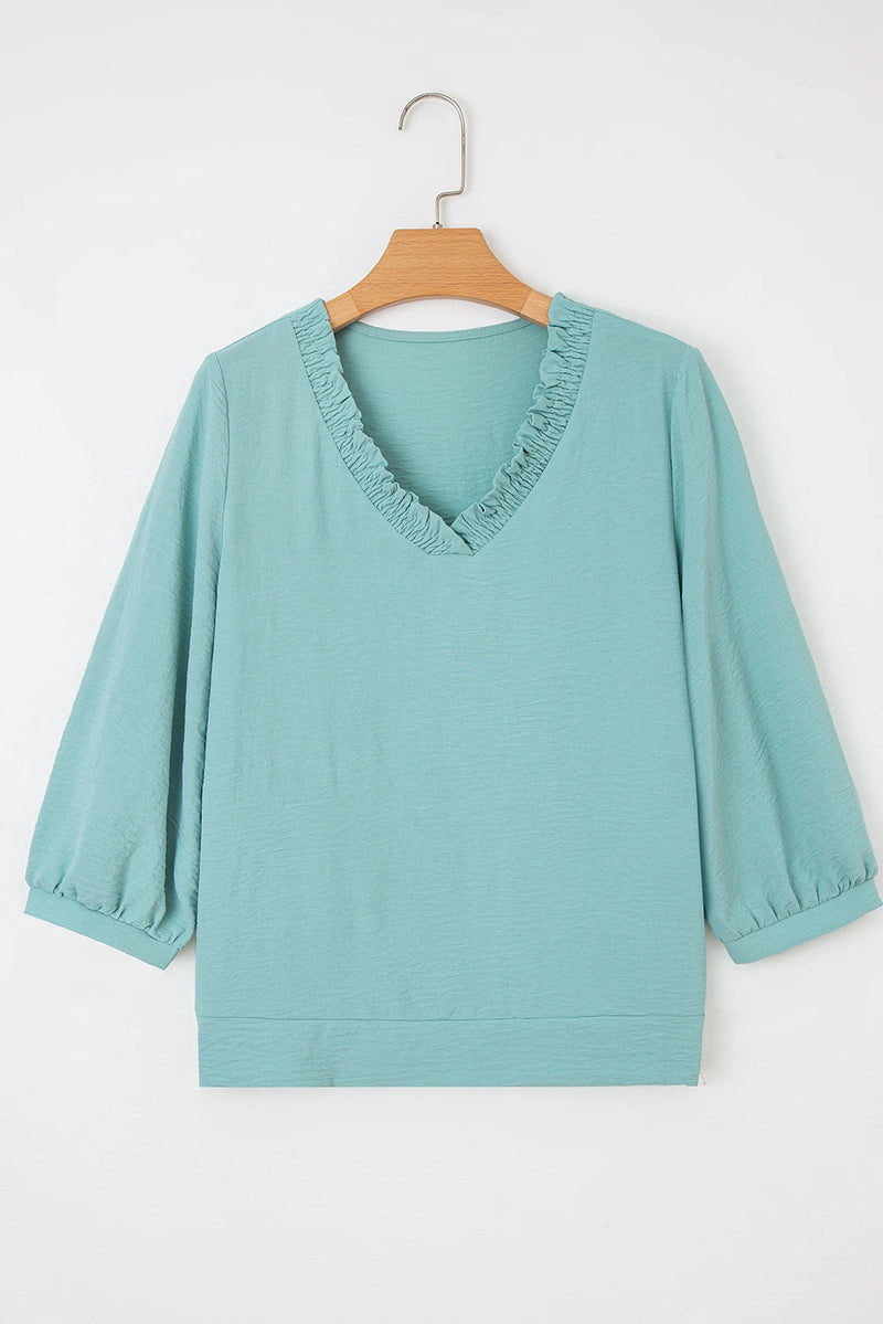 Load image into Gallery viewer, DLLS328 - Ladies Moonlight Jade Frilled V Neckline Bracelet Sleeve Crinkled Blouse
