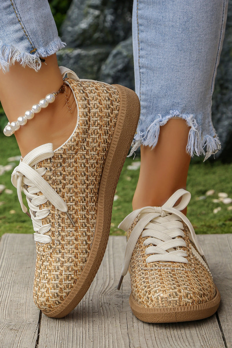Load image into Gallery viewer, DLLSHOE 90 - Gold Stylish Woven Lace Up Flat Shoes
