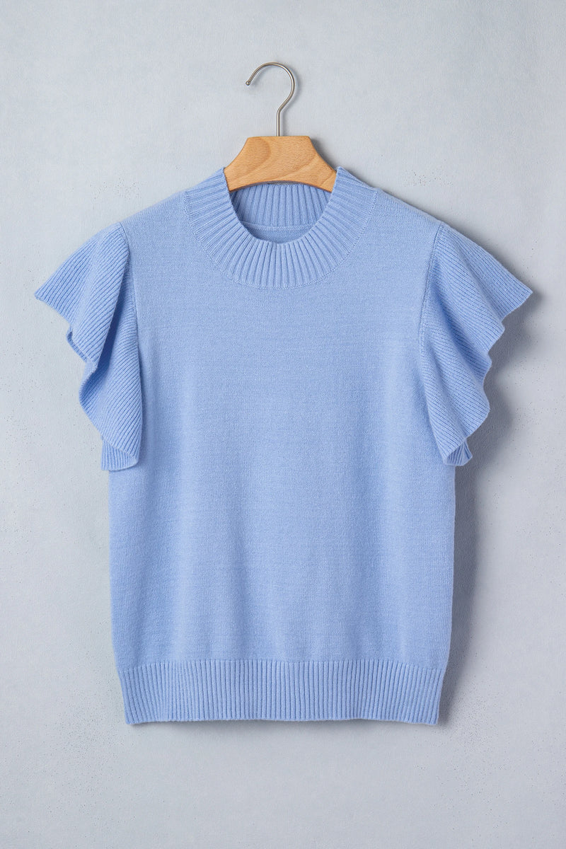 Load image into Gallery viewer, DLLS578 - Ladies Blue Solid Color Ribbed Trim Round Neck Ruffle Short Sleeve Sweater
