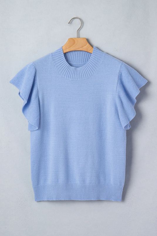 DLLS578 - Ladies Blue Solid Color Ribbed Trim Round Neck Ruffle Short Sleeve Sweater