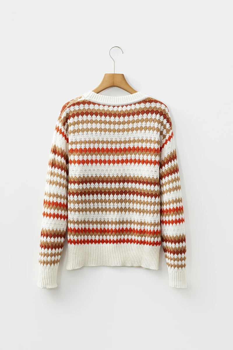 Load image into Gallery viewer, DLLS300 - Ladies Brown Stripe Eyelet Patterned Drop Shoulder Sweater
