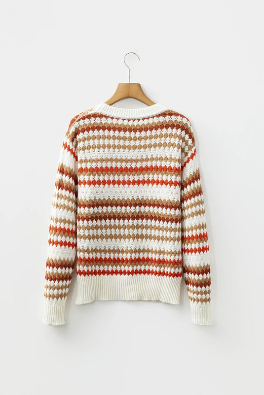 DLLS300 - Ladies Brown Stripe Eyelet Patterned Drop Shoulder Sweater
