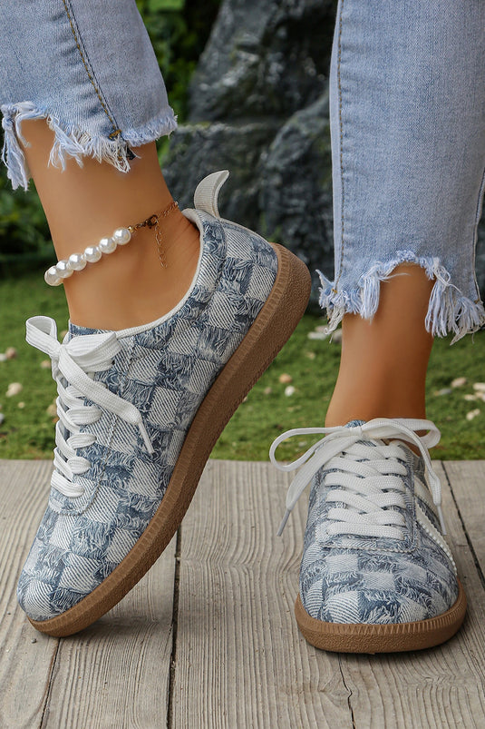 DLLSHOE 104 - Ashleigh Blue Stylish Denim Checkered Print Lace Up Flat Shoes