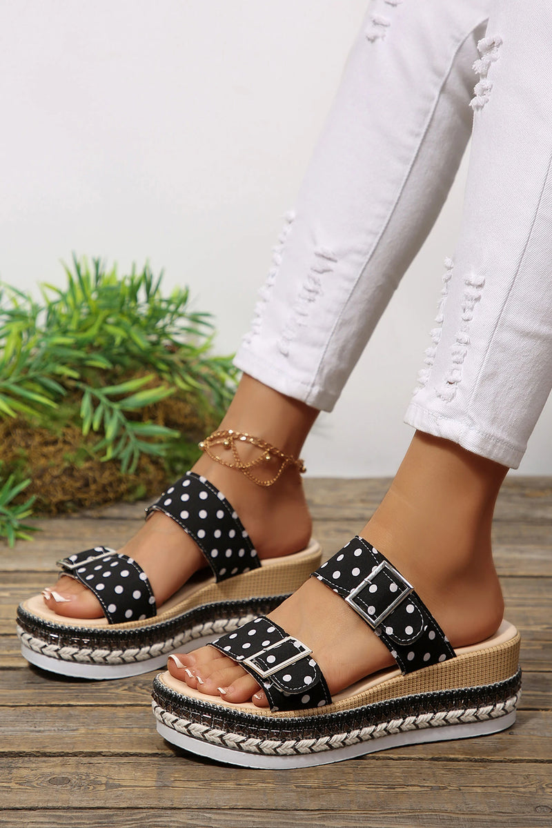 Load image into Gallery viewer, DLLSHOE 174 - Color Black Polka Dot Pattern Double Buckle Straps Platform Slippers
