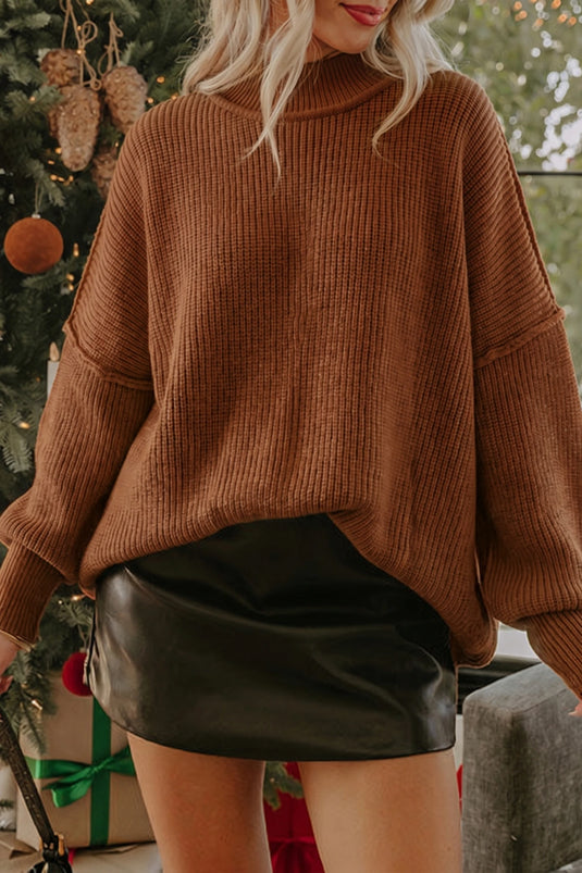 DLLS737 - Ladies Chestnut Long Sleeve Ribbed Knit Stand Neck Regular Fit Sweater