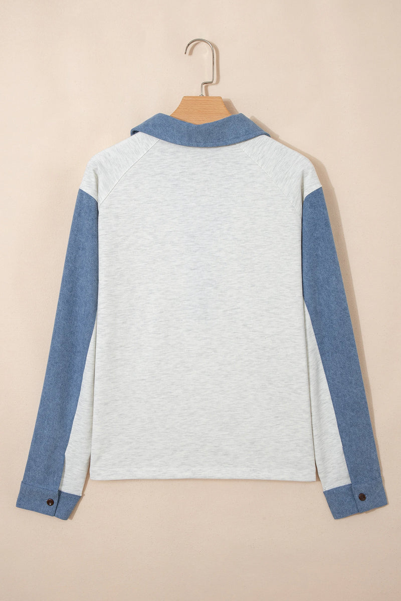 Load image into Gallery viewer, DLLS439 - Ladies Light Grey Denim Patchwork Buttoned Polo Collar Long Sleeve Top
