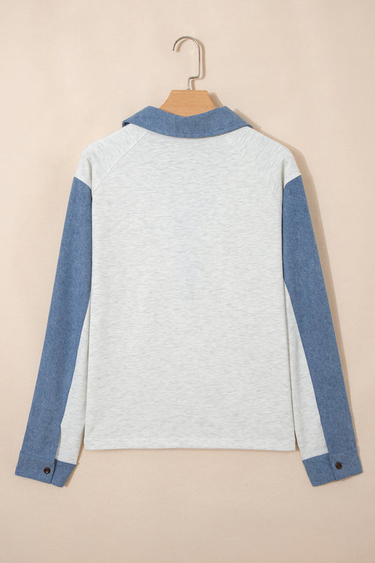 DLLS439 - Ladies Light Grey Denim Patchwork Buttoned Polo Collar Long Sleeve Top