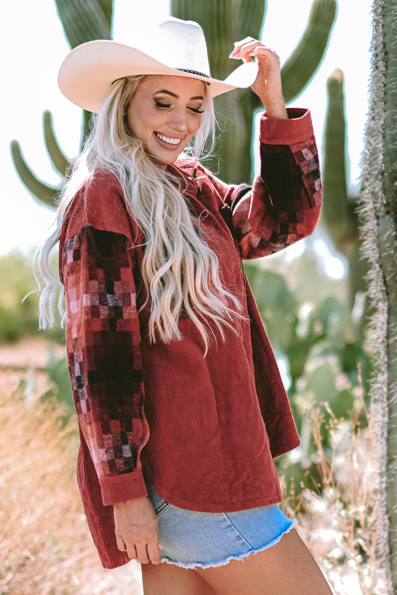 Load image into Gallery viewer, DLLS109 - Ladies Gold Flame Checker Patchwork Raw Edge Oversized Corduroy Jacket
