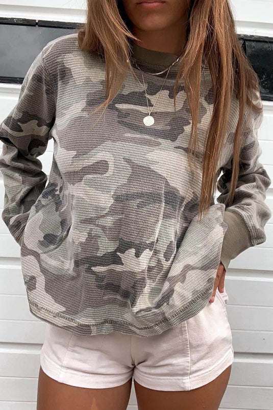 DLLS975 - Ladies Multicolour Western Camo Textured Knit Long Sleeve Top