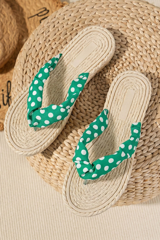 DLLSHOE 183 - Bright Green Polka Dot Fabric Upper PVC Braided Sole Flip Flops