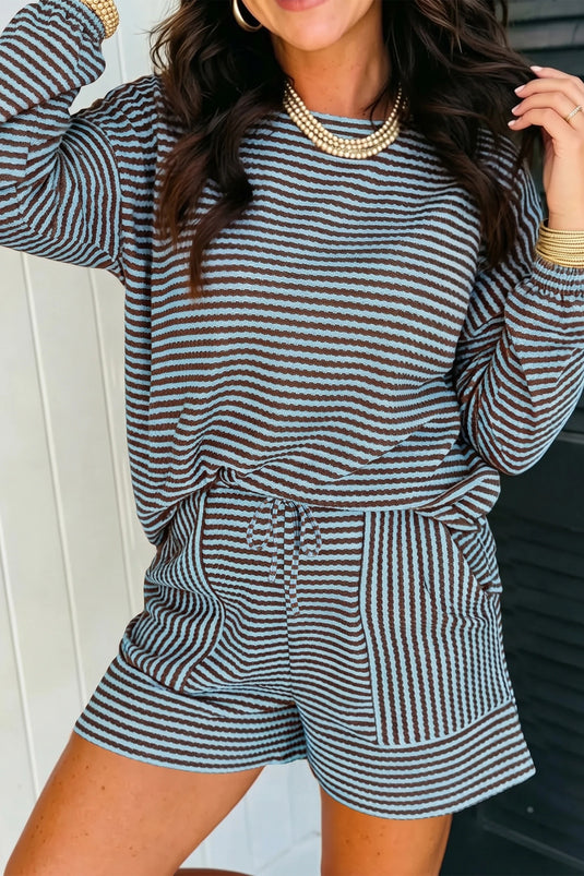 DLLS1154 - Ladies Sky Blue Stripe Textured Knit Long Sleeve Top Elastic Waist Shorts Casual Outfit