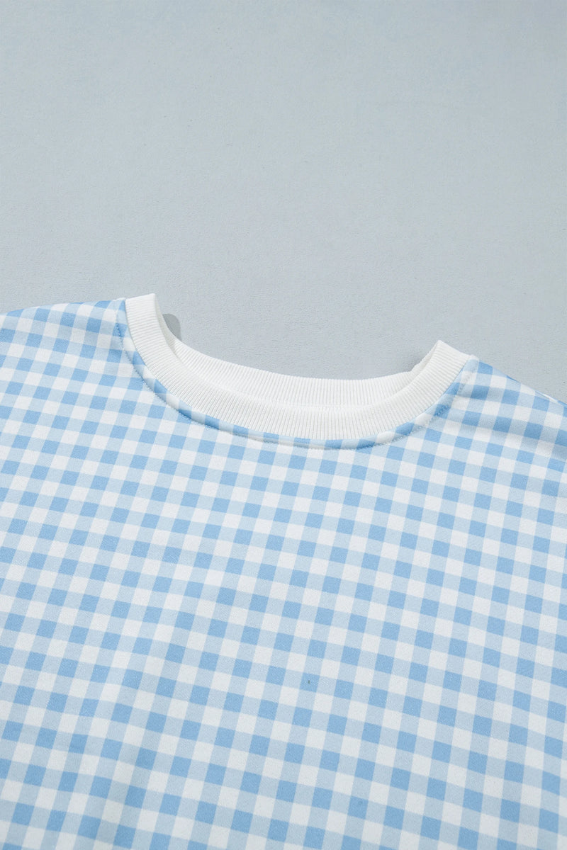Load image into Gallery viewer, DLLS1081 - Ladies Sky Blue Plaid Baggy Pullover Drawstring Casual Shorts 2pcs Outfit
