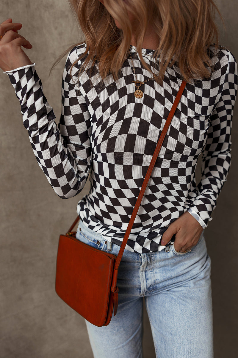 Load image into Gallery viewer, DLLS118 - Ladies Black Checkered Pattern Mesh Mock Neck Long Sleeve Top
