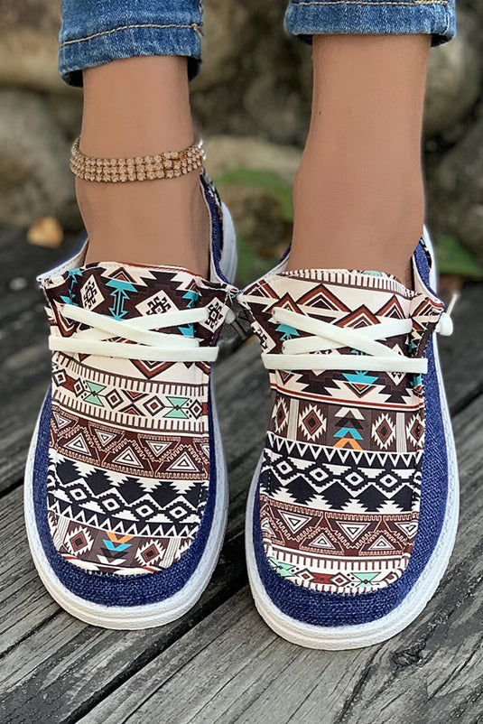 DLLSHOE 139 - Ashleigh Blue Vintage Aztec Patchwork Lace-up Decor Flat Shoes