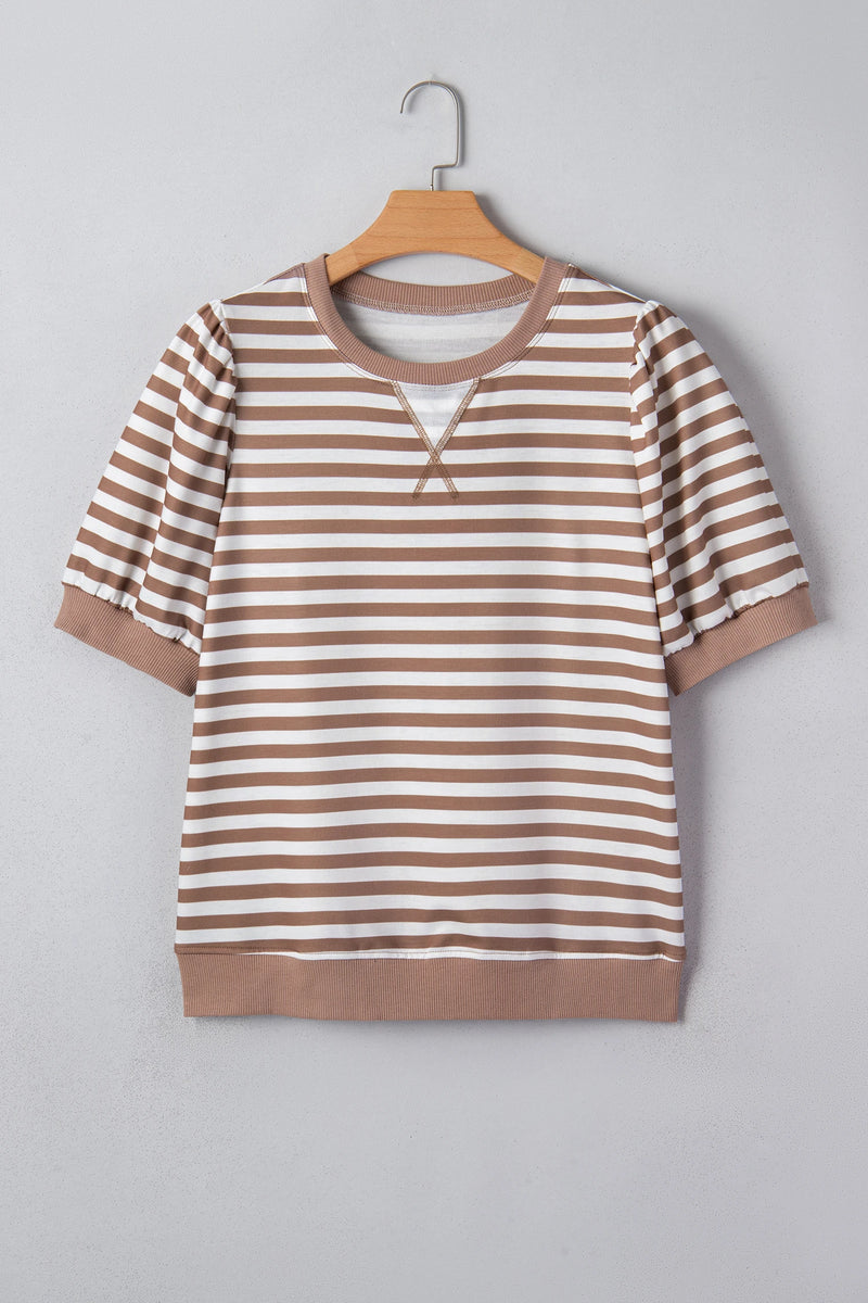 Load image into Gallery viewer, DLLS548 - Ladies Khaki Stripe Short Bubble Sleeve T Shirt
