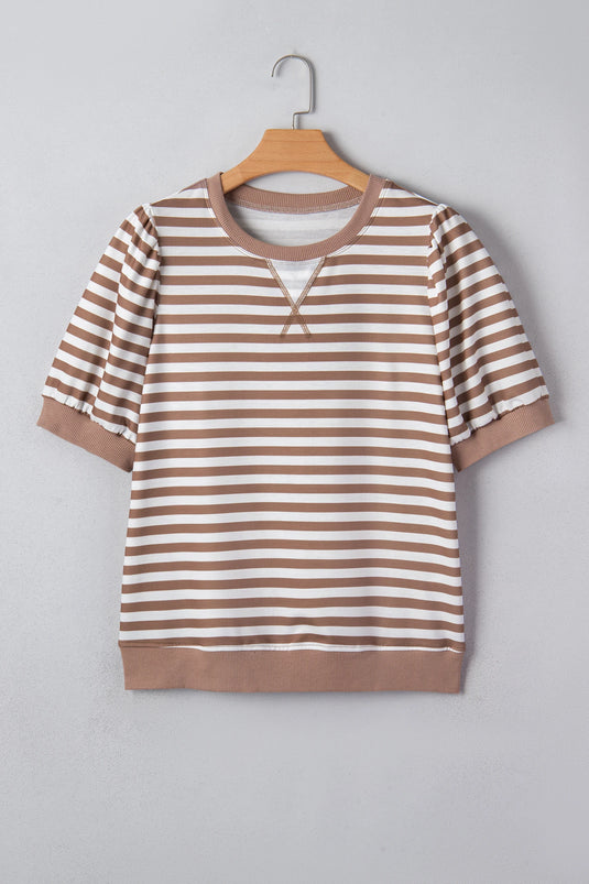 DLLS548 - Ladies Khaki Stripe Short Bubble Sleeve T Shirt