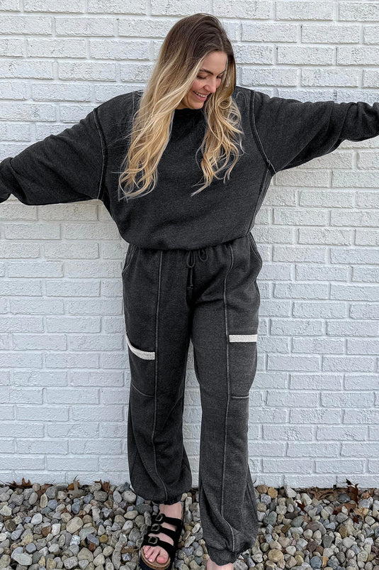 DLLS1084 - Ladies Carbon Grey Solid Colorblock Jogger Pants Set