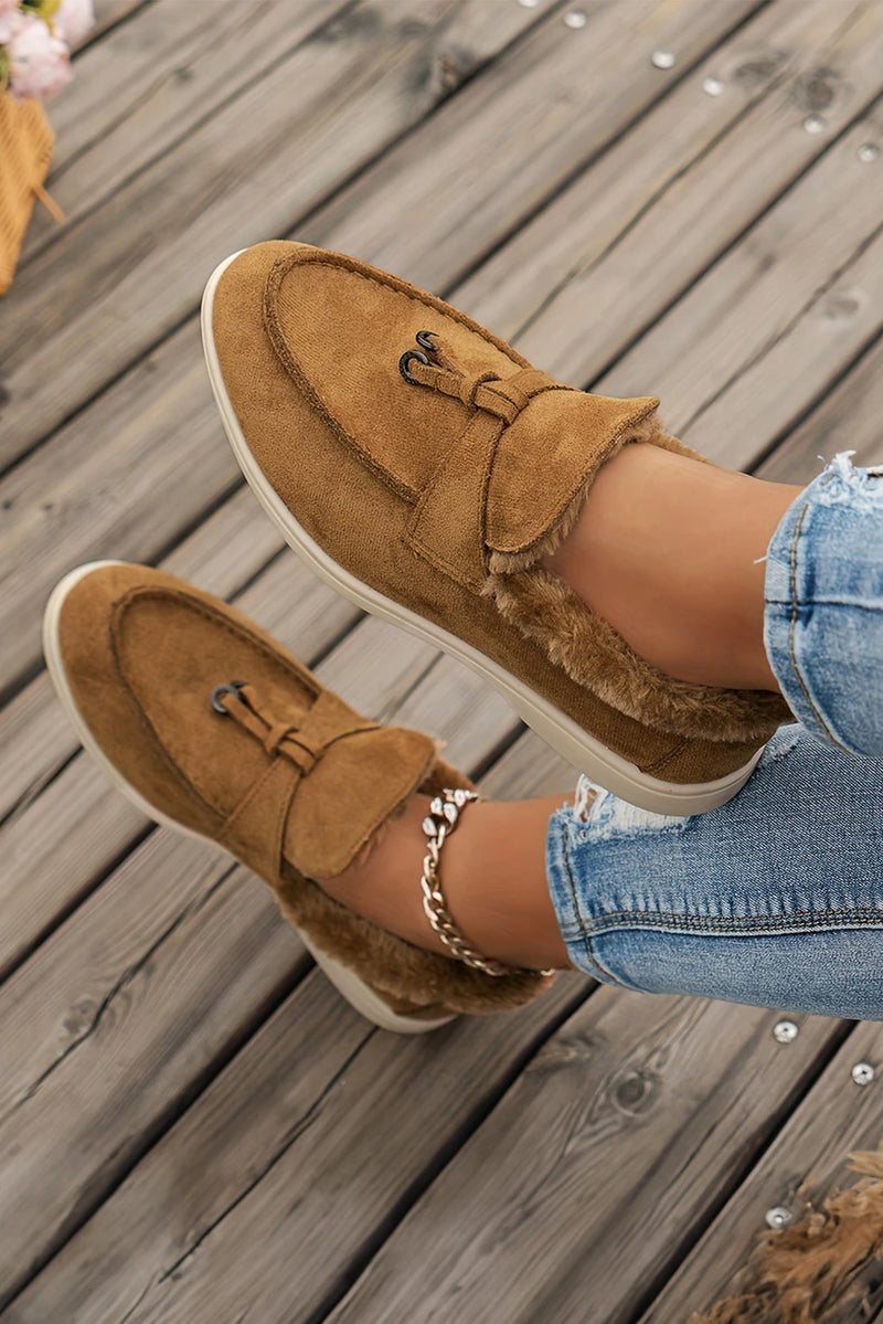 Load image into Gallery viewer, DLLSHOE 203 - Chestnut Suede Furry Lined Slip on Flat Shoes
