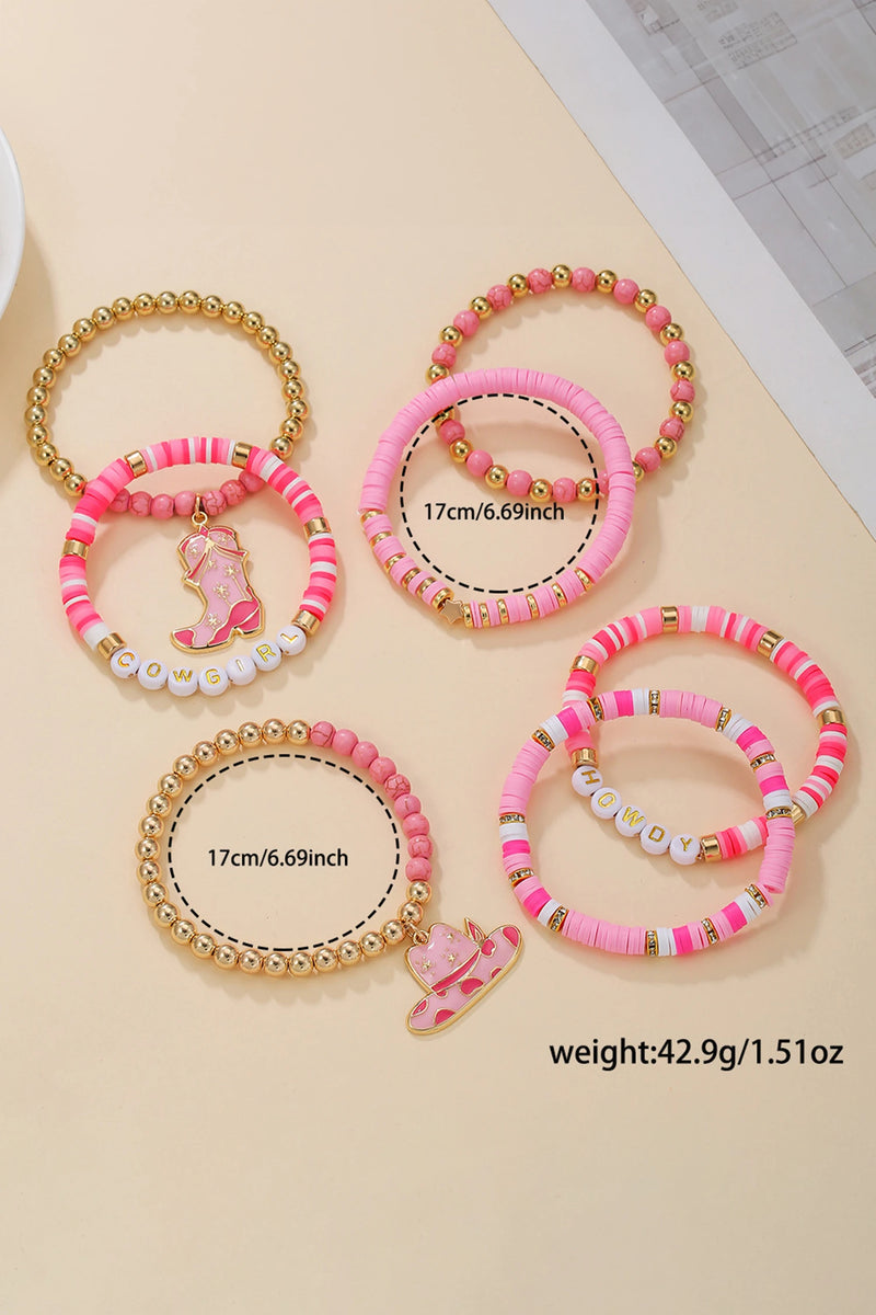 Load image into Gallery viewer, DLLBC 20 - Pink 7pcs HOWDY COWGIRL Hat Boot Beaded Stretch Bracelet Set
