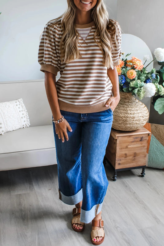 DLLS548 - Ladies Khaki Stripe Short Bubble Sleeve T Shirt