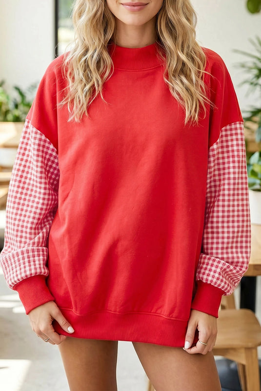 DLLS887 - Ladies Fiery Red Plaid Sleeve Colorblock Loose Tunic Sweatshirt
