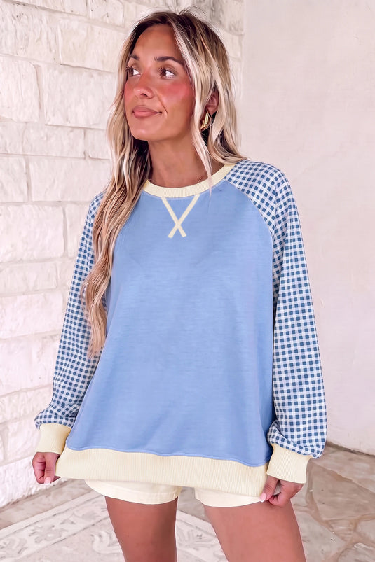 DLLS890 - Ladies Light Blue Plaid Sleeve Colorblock Raglan Pullover Sweatshirt