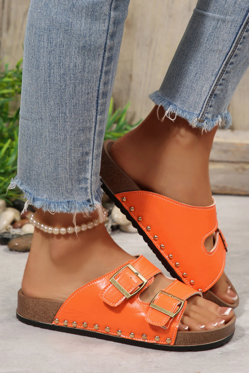 Load image into Gallery viewer, DLLSHOE 110 - Orange Retro Buckle Cutout Straps PU Leather Studded Slippers
