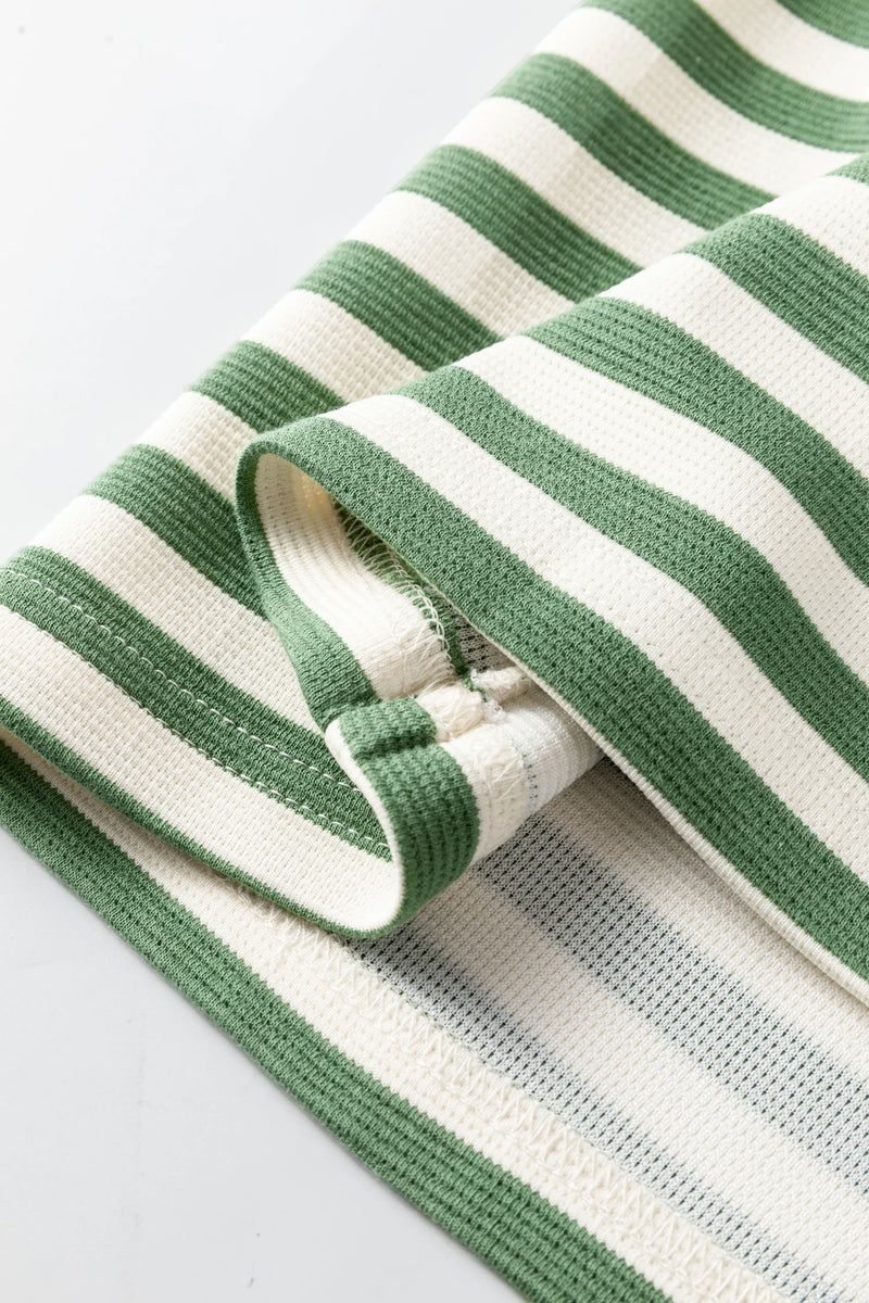 Load image into Gallery viewer, DLLS435 - Ladies Green Stripe Short Puff Sleeve Contrast Trim Round Neck Tee
