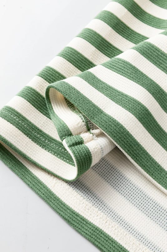 DLLS435 - Ladies Green Stripe Short Puff Sleeve Contrast Trim Round Neck Tee