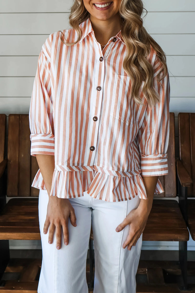 Load image into Gallery viewer, DLLS679 - Ladies Khaki Striped Shirt Bracelet Sleeve Shift Silhouette Casual Wear
