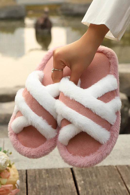 DLLSHOE 169 - Pink Plus Contrast Trim Crossed Band Open Toe Casual Slippers