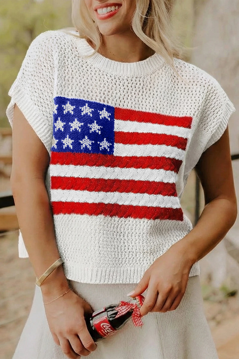 Load image into Gallery viewer, DLLS516 - Ladies White Flag Graphic Short Sleeve Sweater Top
