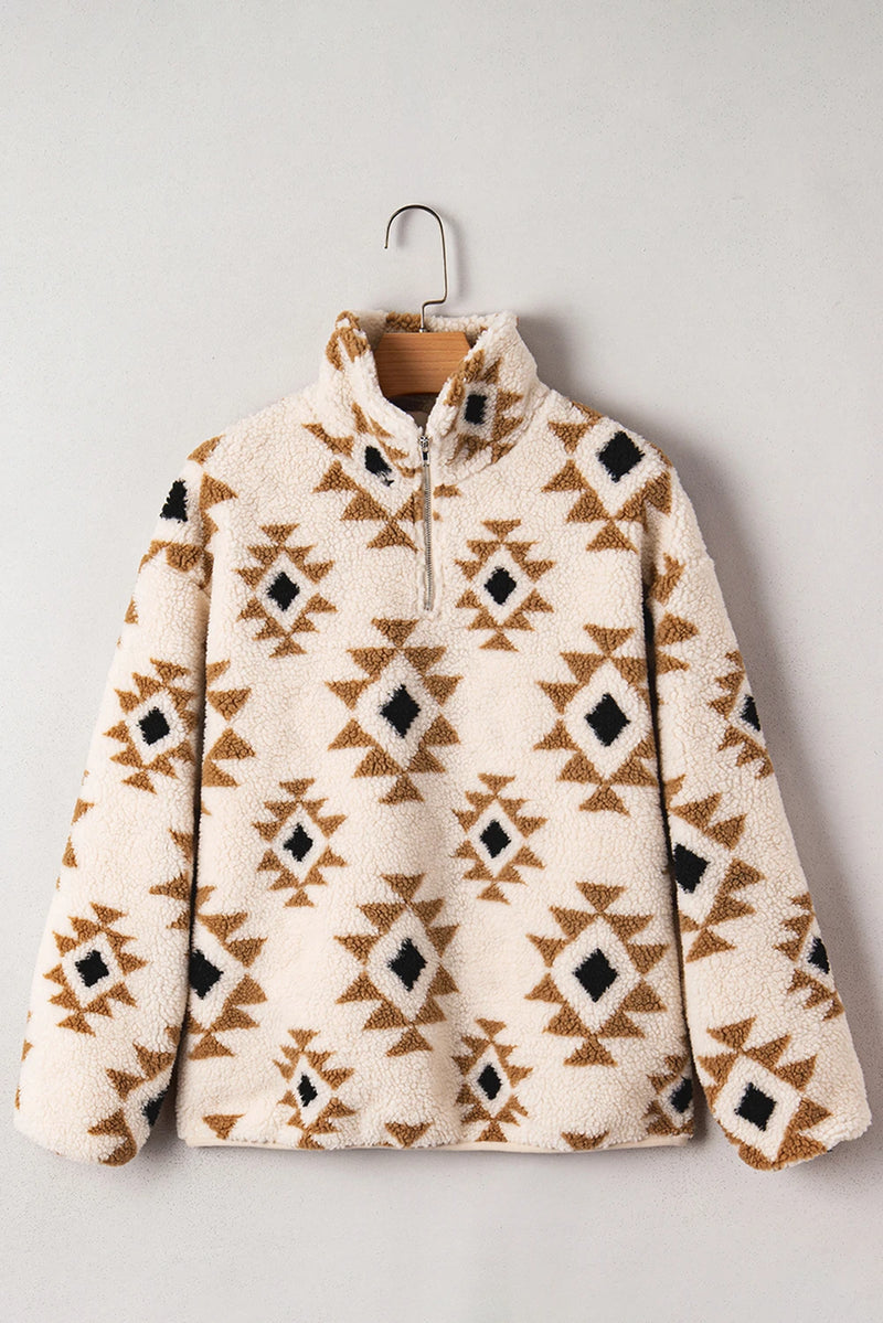 Load image into Gallery viewer, DLLS201 - Ladies Khaki Aztec Print Sherpa Quarter Zip Collar Sweatshirt
