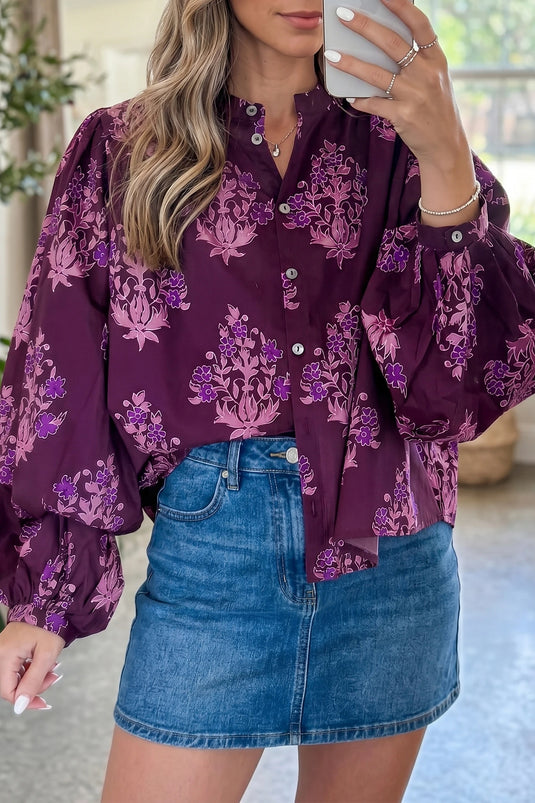 DLLS765 - Ladies Purple Floral Print Button Front Long Puff Sleeve Shirt