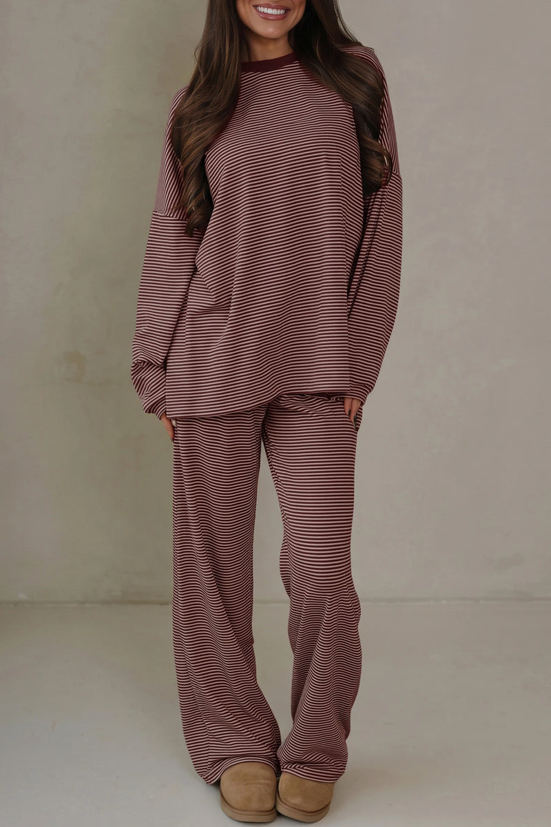Load image into Gallery viewer, DLLS1048 - Ladies Brown Stripe Trim Round Neck Oversize Long Sleeve Top 2pcs Pant Set
