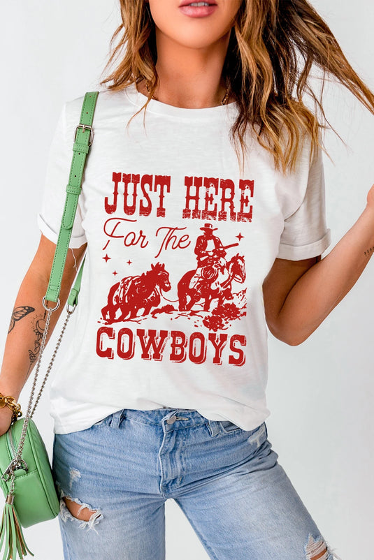 DLLS759 - Ladies White JUST HERE For THE COWBOY Cuffed Sleeve Crew Neck T Shirt