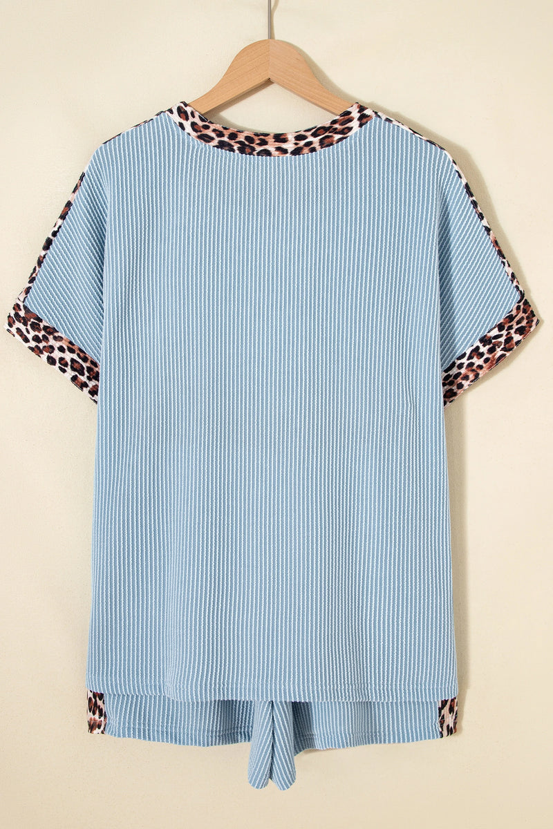 Load image into Gallery viewer, DLLS712 - Ladies Sky Blue Leopard Trim Twist Ribbed Short Set
