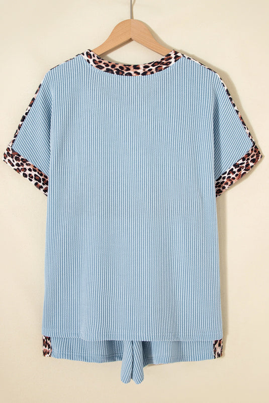 DLLS712 - Ladies Sky Blue Leopard Trim Twist Ribbed Short Set