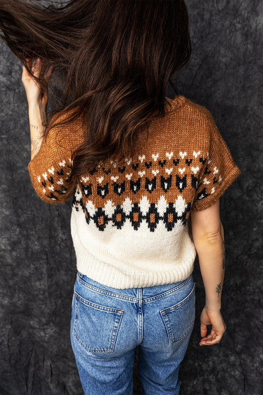 DLLS658 - Ladies Brown Geometric Pattern V Neck Short Sleeve Western Style Knit Top